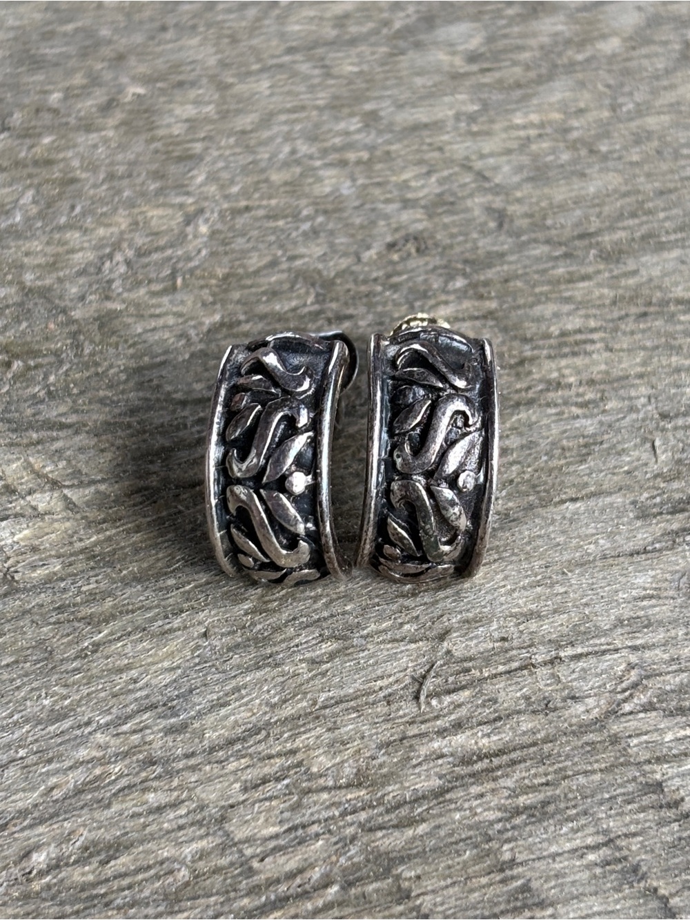 Ornate Carved Sterling Silver Hoop Earrings